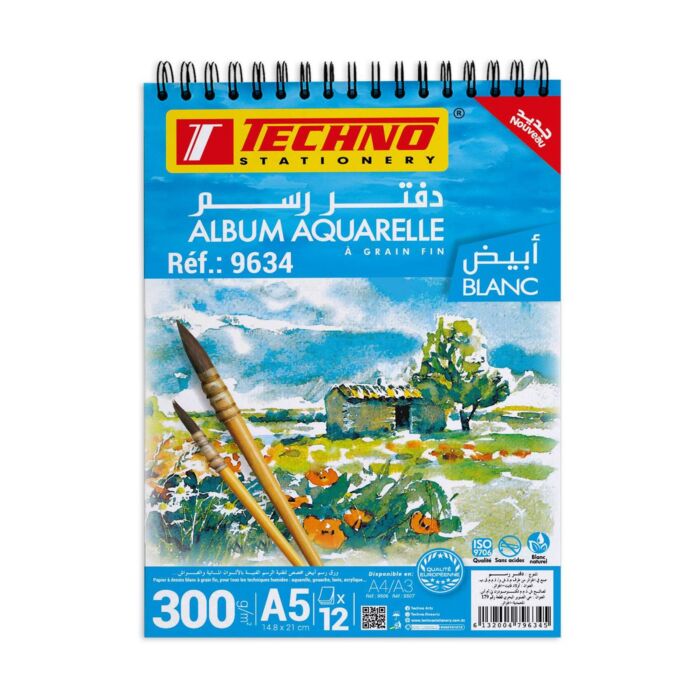 ALBUM AQUARELLE 12 FEUILLES A5 14.8X21 cm 300G "TECHNO" REF: 9634