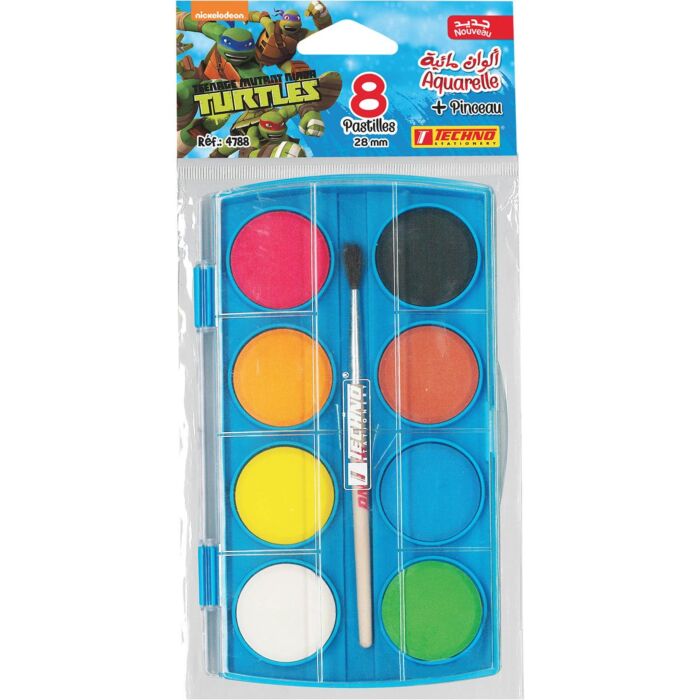 AQUARELLE ECOLIER 8 PASTILLES 28mm AVEC PINCEAU TURTULES NINJA "TECHNO" REF: 4788