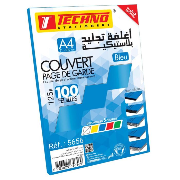 COUVERT PAGE DE GARDE 125µ A4 BLEU TRANSPARENT 100F "TECHNO" REF: 5656