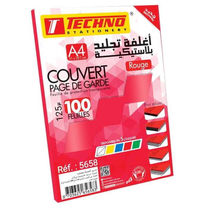 COUVERT PAGE DE GARDE 125µ A4 ROUGE TRANSPARENT 100F "TECHNO" REF: 5658