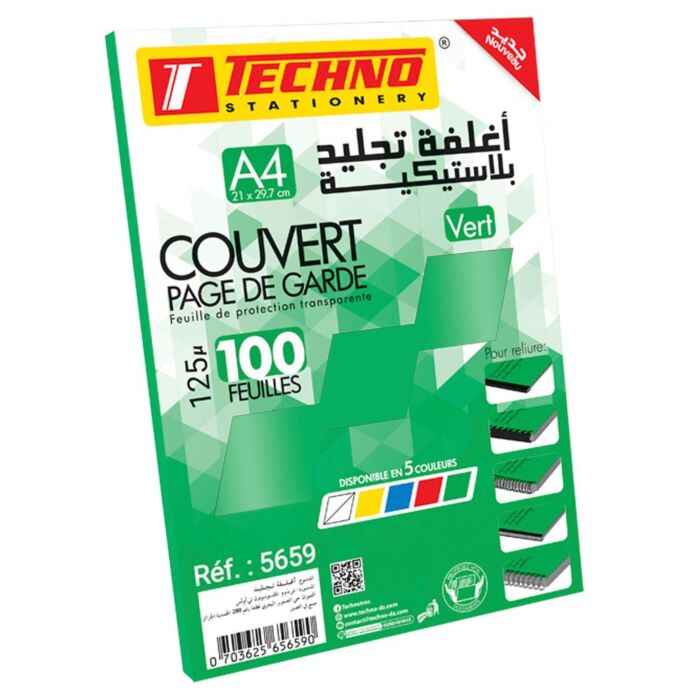 COUVERT PAGE DE GARDE 125µ A4 VERT TRANSPARENT 100F "TECHNO" REF: 5659