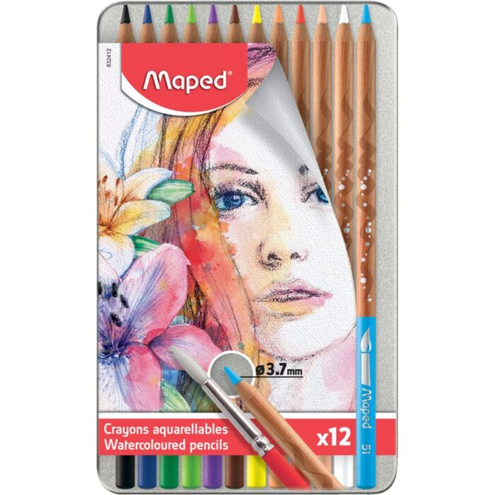 CRAYONS COULEURS AQUARELLABLES ART BOITE METALLIQUE DE 12 COULEURS "MAPED" REF: 832412