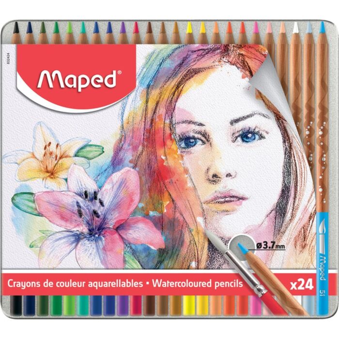 CRAYONS COULEURS AQUARELLABLES ART BOITE METALLIQUE DE 24 COULEURS "MAPED" REF: 832424