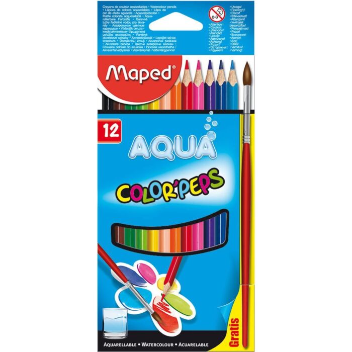 CRAYONS COULEURS L'EAU AQUARELLE COLOR'PEPS AVEC PINCEAU DE 12 COULEURS "MAPED" REF: 836011