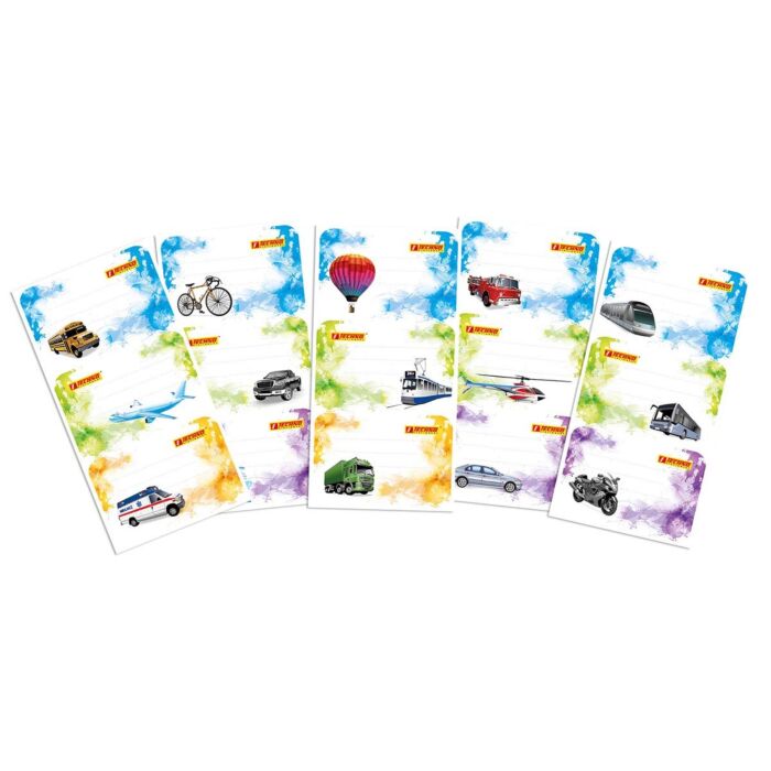 ETIQUETTES SCOLAIRES ADHESIVES EN POLY-BAG/15 PIECES MOYENS DE TRANSPORT "TECHNO" REF: 9342