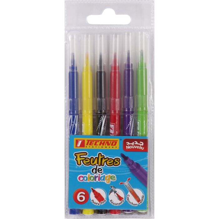 FEUTRE A DESSIN ECOLIER EN POCHETTE 06 COULEURS "TECHNO" REF: 0297