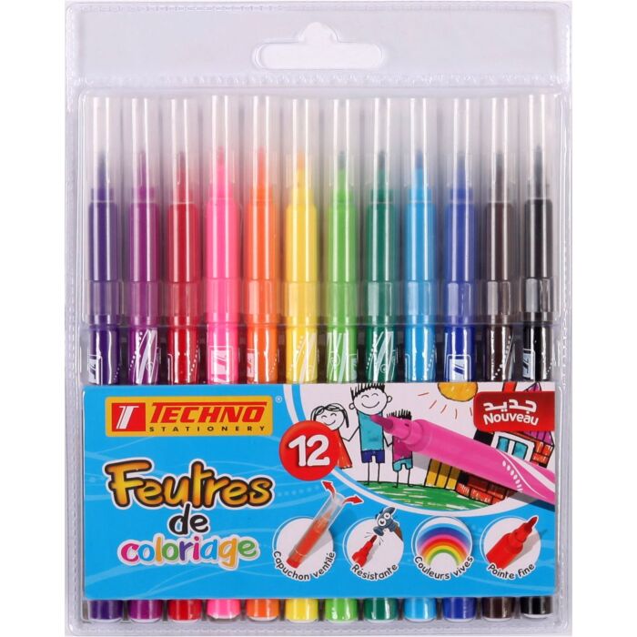FEUTRE A DESSIN ECOLIER EN POCHETTE 12 COULEURS "TECHNO" REF: 0298