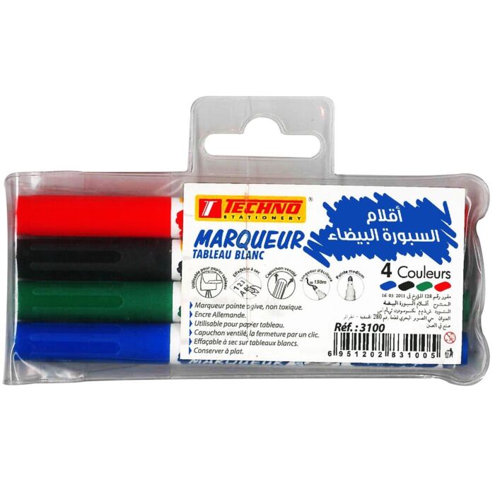 MARQUEUR TABLEAU BLANC POCHETTE 4 PIECES "TECHNO" REF: 3100