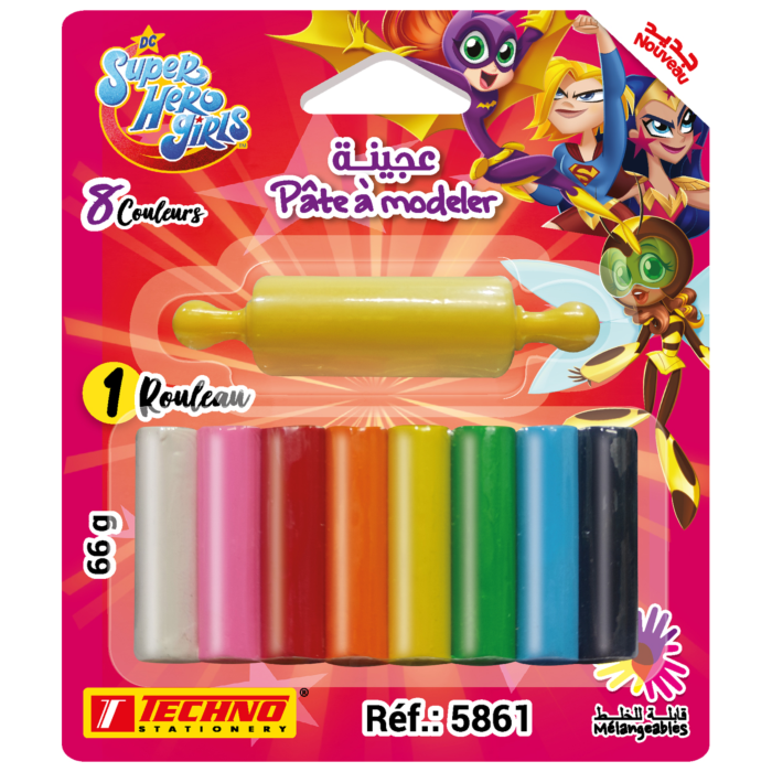 PATE A MODELER DE 8 COULEURS AVEC 1 ROULEAU LICENCE SUPER HERO GIRLS "TECHNO" REF: 5861