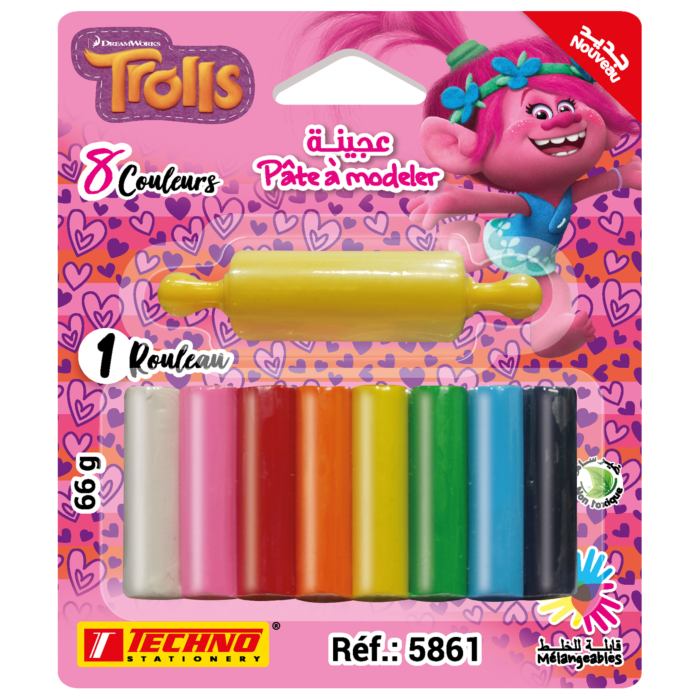 PATE A MODELER DE 8 COULEURS AVEC 1 ROULEAU LICENCE TROLLS "TECHNO" REF: 5861