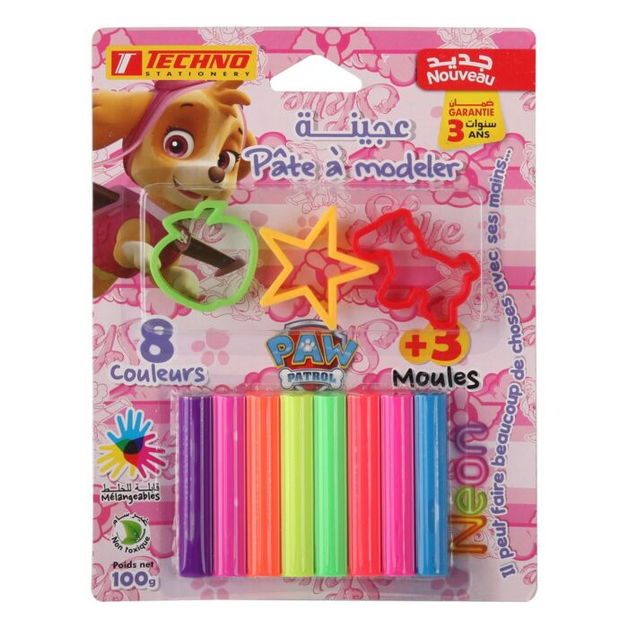 PATE A MODELER S.CARTE 8 COULEURS NEON AVEC 3 MOULES PAW PATROL FILLE "TECHNO" REF: 4694