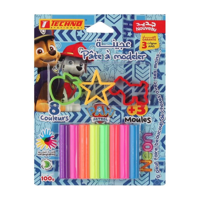 PATE A MODELER S.CARTE 8 COULEURS NEON AVEC 3 MOULES PAW PATROL GARÇON "TECHNO" REF: 4694