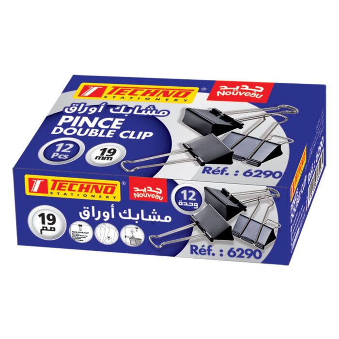 PINCE DOUBLE CLIP 19 mm BOITE 12 PCS "TECHNO" REF: 6290