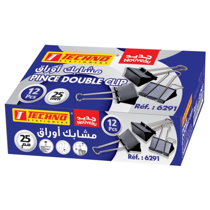 PINCE DOUBLE CLIP 25 mm BOITE 12 PCS "TECHNO" REF: 6291