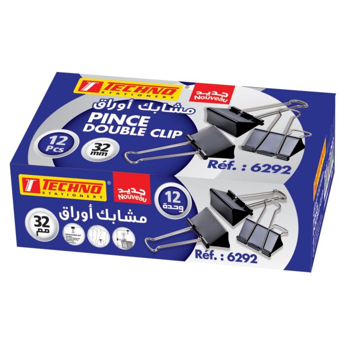 PINCE DOUBLE CLIP 32 mm BOITE 12 PCS "TECHNO" REF: 6292