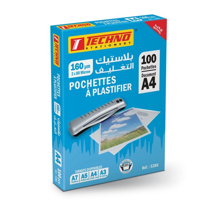 POCHETTE DE PLASTIFICATION A4 2x80 µ PQT DE 100 POCHETTES "TECHNO" REF: 5386