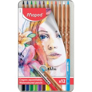 CRAYONS COULEURS AQUARELLABLES ART BOITE METALLIQUE DE 12 COULEURS "MAPED" REF: 832412