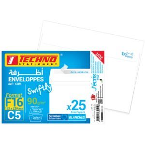ENVELOPPES BLANCHES F16 ADHESIVE 162x229 PQT 25 "TECHNO" REF: 5505