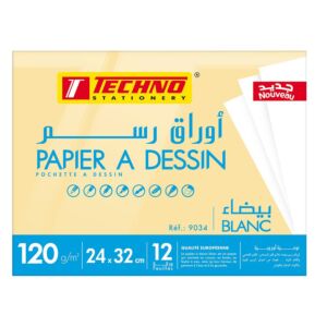 PAPIER A DESSIN BLANC POCHETTE 12 FEUILLES 120g 24cmx32cm "TECHNO" REF: 9034