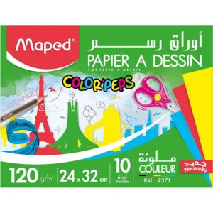 PAPIER A DESSIN COULEURS POCHETTE DE 10 FEUILLES 24cmx32cm 120g "MAPED" REF: 9371