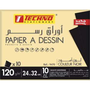 PAPIER A DESSIN NOIR POCHETTE 10 FEUILLES 120g 24cmx32cm "TECHNO" REF: 9470