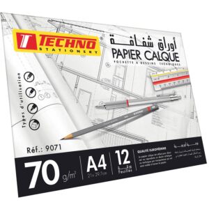 PAPIER CALQUE EN POCHETTE DE 12 FEUILLES A4 70g "TECHNO" REF: 9071
