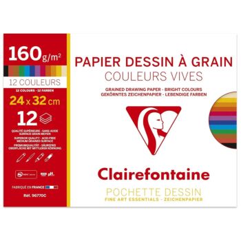 PAPIER A DESSIN COULEURS VIVES 12F 240X320mm 160g "CLAIREFONTAINE" REF:96770C
