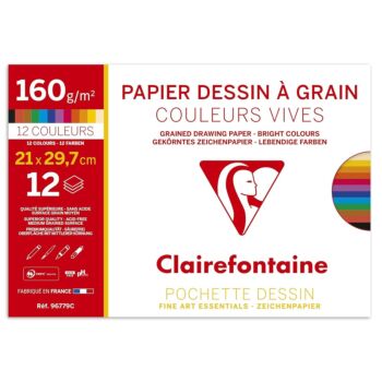 PAPIER A DESSIN COULEURS VIVES 12F A4 160g "CLAIREFONTAINE" REF:96779C
