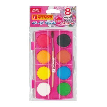 AQUARELLE ECOLIER 08 PASTILLES 28MM AVEC PINCEAU ROSE "TECHNO" REF: 4405