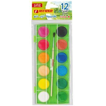 AQUARELLE ECOLIER 12 PASTILLES 23MM AVEC PINCEAU VERT "TECHNO" REF: 4406
