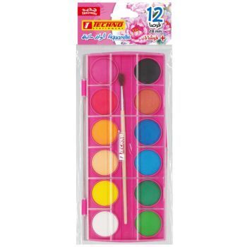 AQUARELLE ECOLIER 12 PASTILLES 28mm AVEC PINCEAU ROSE "TECHNO" REF: 4407