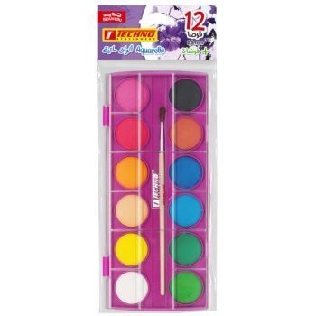 AQUARELLE ECOLIER 12 PASTILLES 28mm AVEC PINCEAU VIOLET "TECHNO" REF: 4407