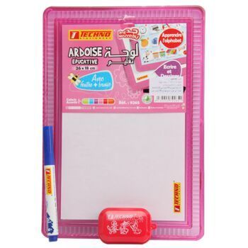 ARDOISE DOUBLE FACE BLANCHE LETTRES FRANÇAIS AVEC BROSSE ET MARQUEUR ROSE "TECHNO" REF: 9265