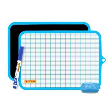 ARDOISE DOUBLE FACES BLANCHE ET NOIRE AVEC BROSSE ET MARQUEUR BLEU "TECHNO" REF: 3210