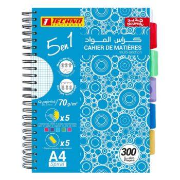 CAHIER DE MATIERES 5EN1 QUADRILLE 5X5 MM 70G/M² 300P "TECHNO" REF: 4498