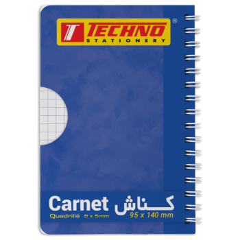CARNET SPIRALE SIMPLE COUVERT BLEU 96P 9 x 14 cm 5x5 mm 70g "TECHNO" REF: 9557