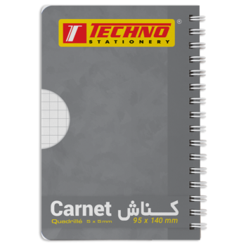 CARNET SPIRALE SIMPLE COUVERT GRIS 96P 9 x 14 cm 5x5 mm 70g "TECHNO" REF: 9557