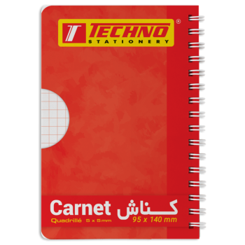 CARNET SPIRALE SIMPLE COUVERT ROUGE 96P 9 x 14 cm 5x5 mm 70g "TECHNO" REF: 9557