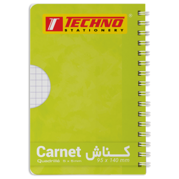 CARNET SPIRALE SIMPLE COUVERT VERT 96P 9 x 14 cm 5x5 mm 70g "TECHNO" REF: 9557