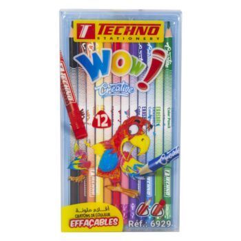 CRAYONS DE COULEUR WOW CREA EFFAÇABLE BOITE EN PET 12 COULEURS "TECHNO" REF: 6929