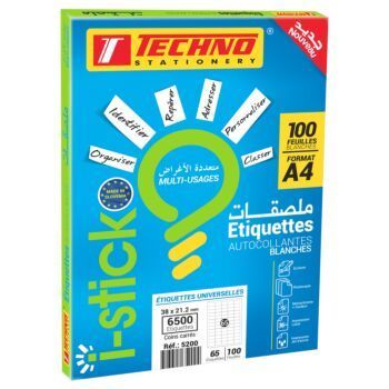 ETIQUETTES BLANCHES PAQUET DE 100 F (A4 = 65) "TECHNO" REF: 5200