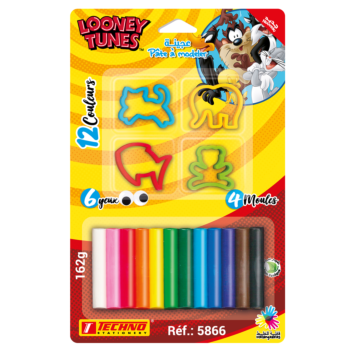 PATE A MODELER DE 12 COULEURS AVEC 4 MOULES ET 6 YEUX LICENCE LOONEY TUNES "TECHNO" REF: 5866