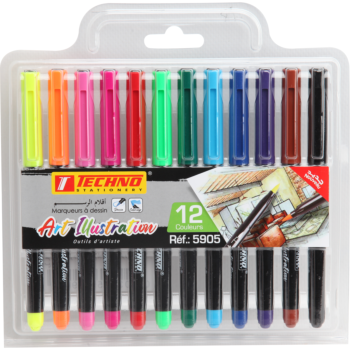 MARQUEUR A DESSIN PINCEAU ART ILLUSTRATION POCHETTE DE 12 COULEURS "TECHNO" REF: 5905