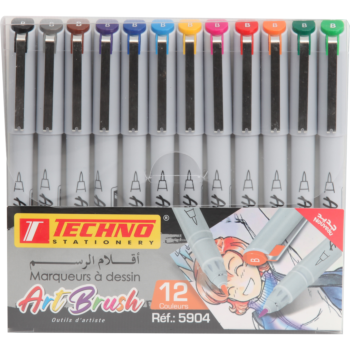 MARQUEUR A DESSIN PINCEAUX ART BRUSH POCHETTE DE 12 COULEURS "TECHNO" REF: 5904