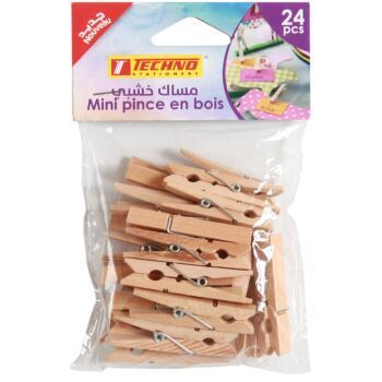 MINI PINCES EN BOIS 48x7mm PAQUET DE 24 PIECES COULEURS NATUREL "TECHNO" REF: 5007