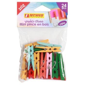 MINI PINCES EN BOIS 48x7mm PAQUET DE 24 PIECES MULTI COULEURS "TECHNO" REF: 5008