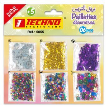 PAILLETTES DECORATIVES JEUX 06 COULEURS "TECHNO" REF: 5055