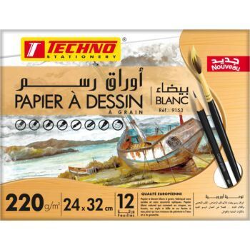 PAPIER A DESSIN BLANC POCHETTE 12 FEUILLES 24cmx32cm 220g "TECHNO" REF: 9153