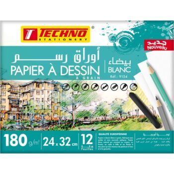 PAPIER A DESSIN BLANC POCHETTE 12 FEUILLES 24cmx32cm 180g "TECHNO" REF: 9154