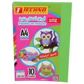 PAPIER MOUSSE ADHESIF A4 2MM PAQUET 10 FEUILLES VERT "TECHNO" REF: 5540